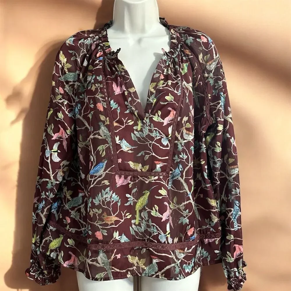 J. Crew Point Sur Deep Brown Ruffle Blouse Cottage Bird Print Semi Sheer Top